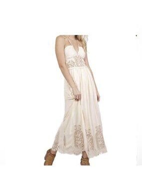 Romantic Delicate Feminine Boho Lace Maxi Dress Halter Neck Open Back XXS/XS
